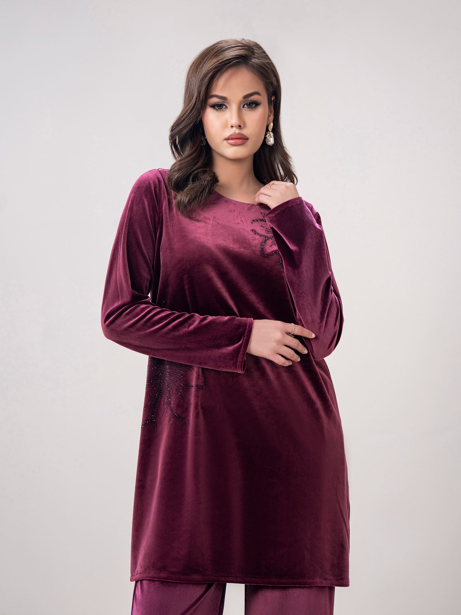 Plum Velour Co-Ord Set for Women | Stitched 2-Piece Outfit UAE