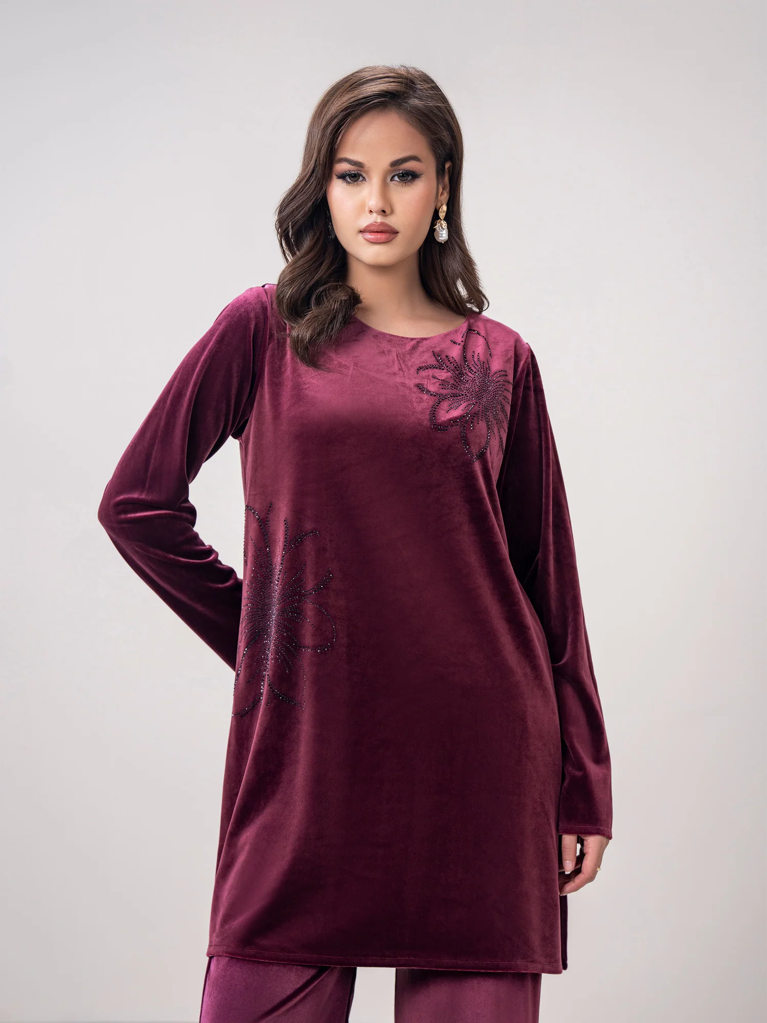 Plum Velour Co-Ord Set for Women | Stitched 2-Piece Outfit UAE