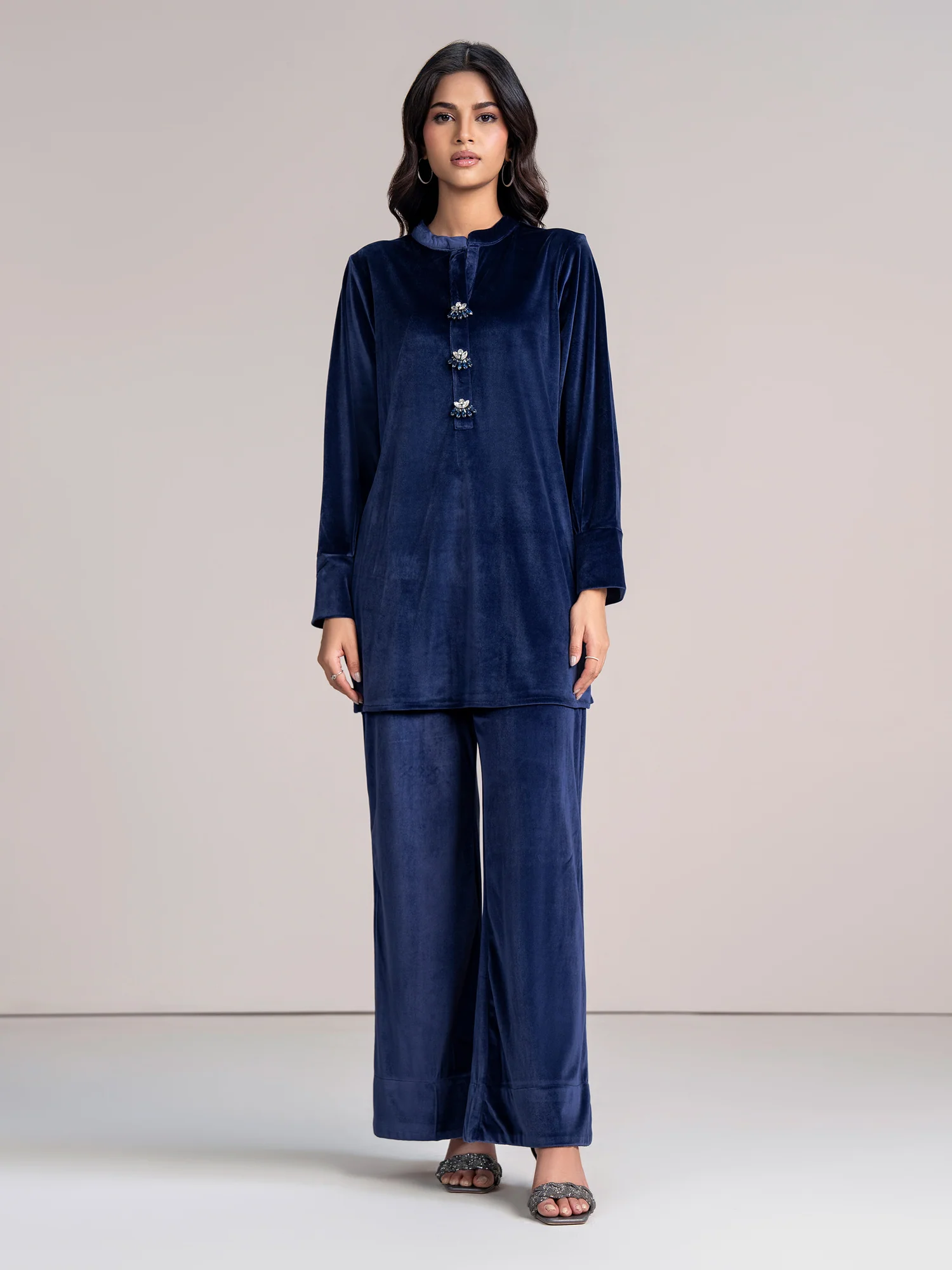 Blue Velvet Co-Ord Set for Women | Stitched 2-Piece Outfit UAE