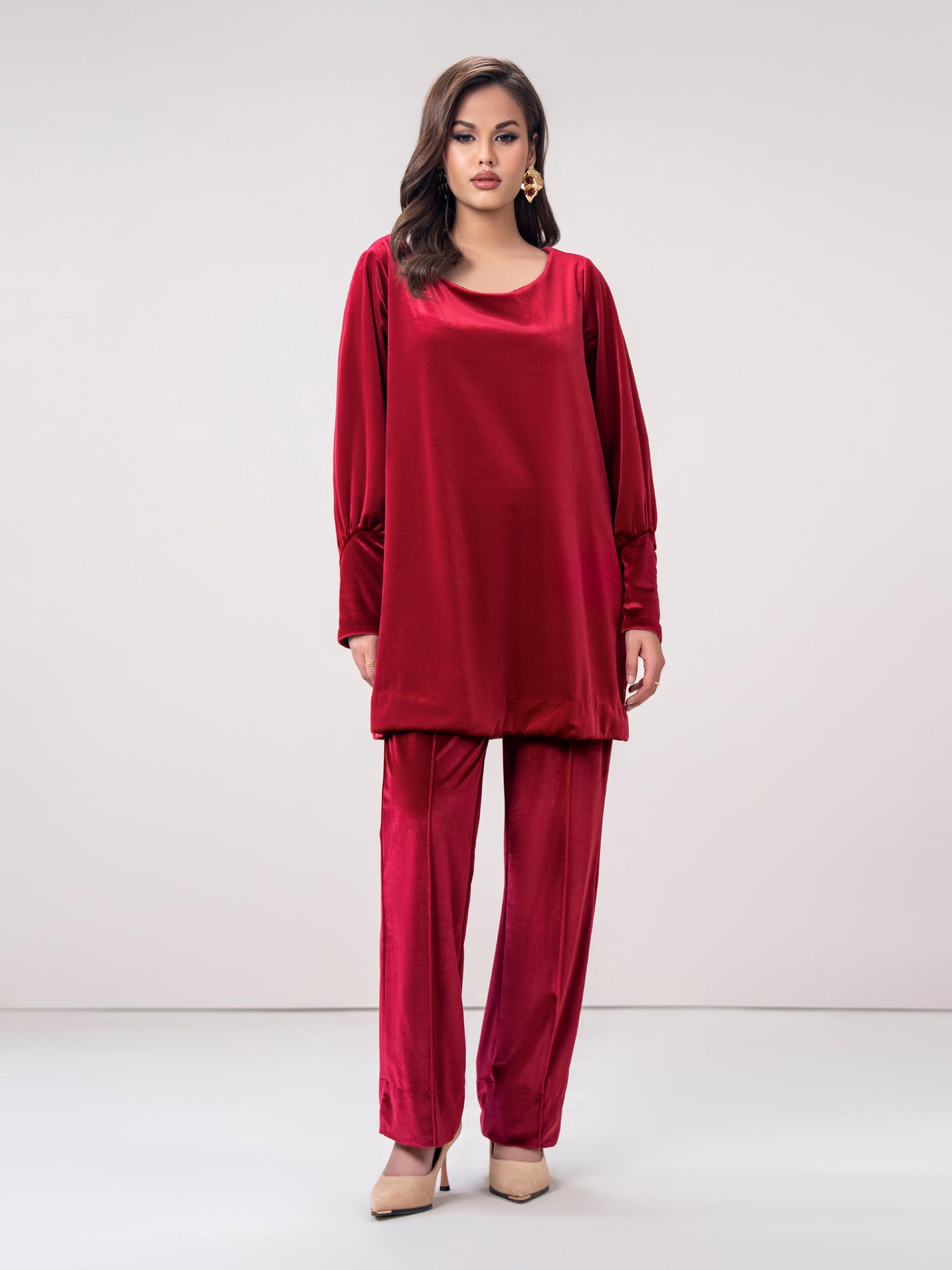 Red Velvet Co-Ord Set for Women | Stitched 2-Piece Outfit UAE