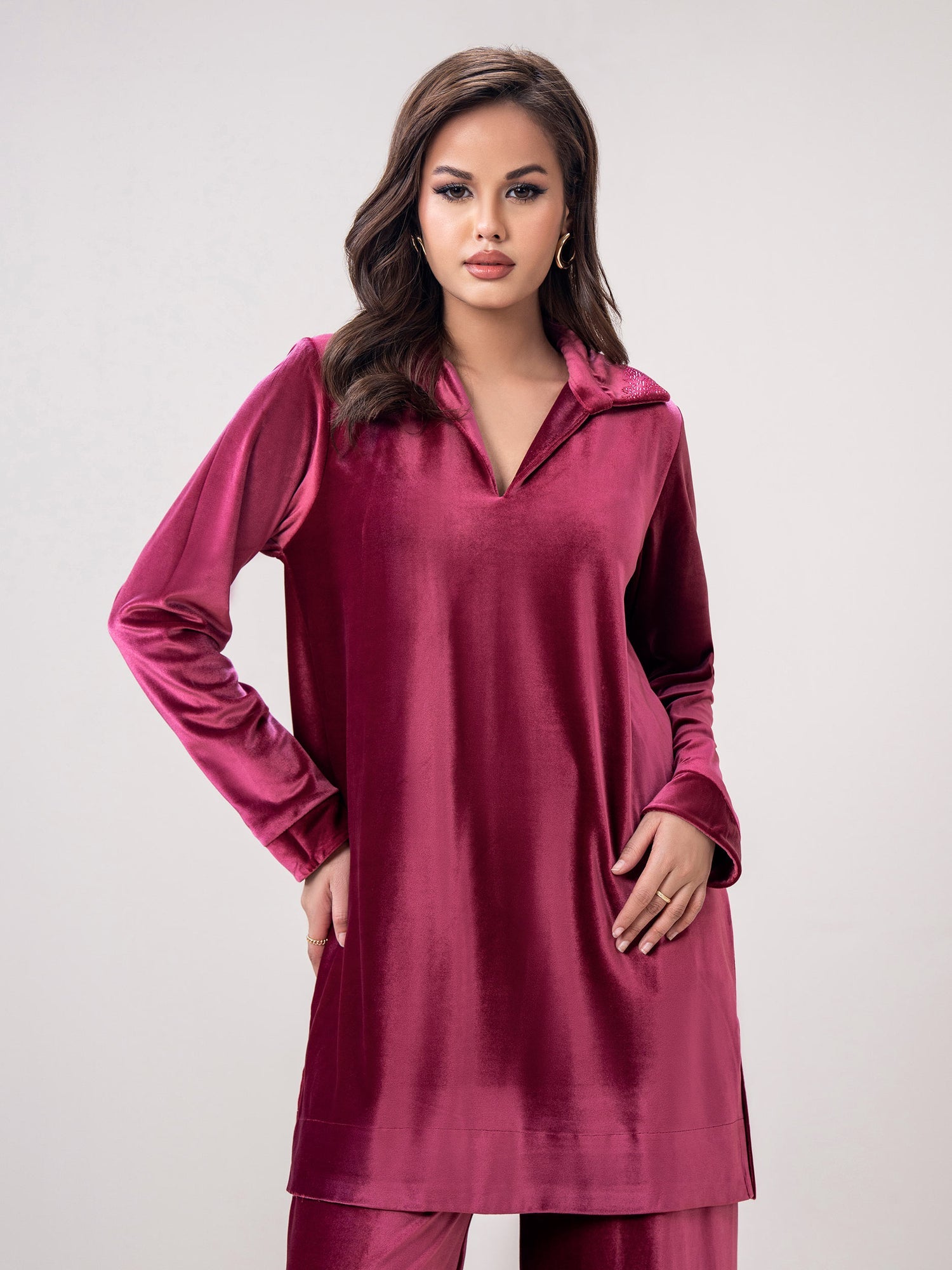 Mehroon Velvet Co-Ord Set for Women | Stitched 2-Piece Outfit UAE