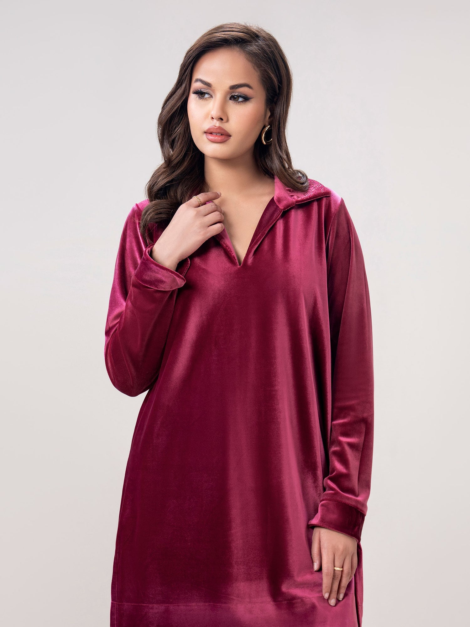 Mehroon Velvet Co-Ord Set for Women | Stitched 2-Piece Outfit UAE