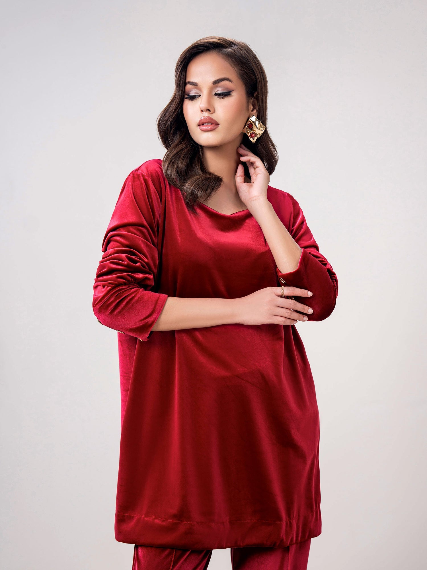 Red Velvet Co-Ord Set for Women | Stitched 2-Piece Outfit UAE