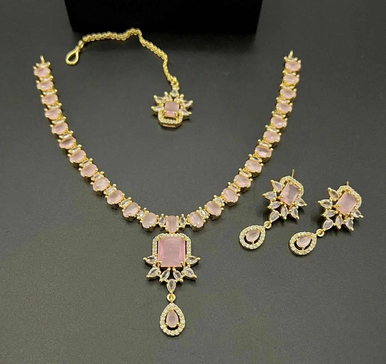 American Diamond  gold plated Necklace set with maang tikka - LadiesKurtasuae 