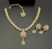 American Diamond  gold plated Necklace set with maang tikka - LadiesKurtasuae 