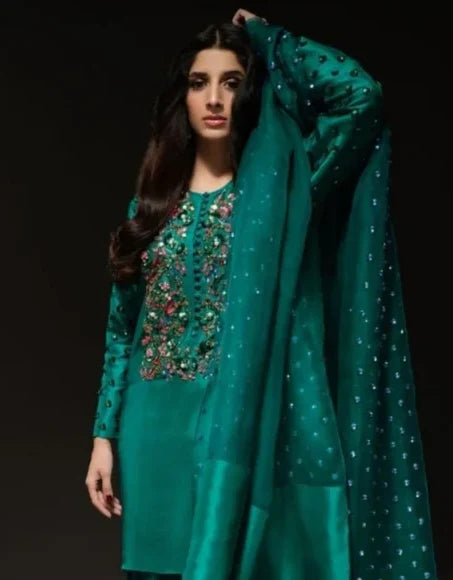 Luxury Raw Silk Handmade Emerald Green Unstitched 015G