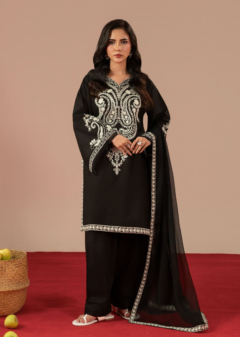 Women's Black Embroidered Linen Suit | Ready-to-Wear Winter Kurta Set