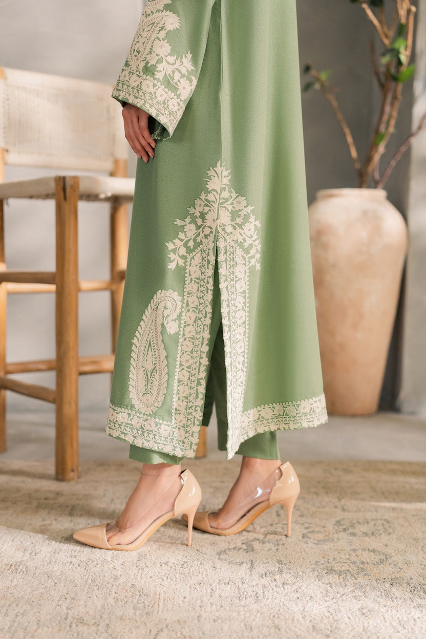 Sage Green Khaddar Embroidered 3PC Winter Suit for Women | Premium Eastern Wear