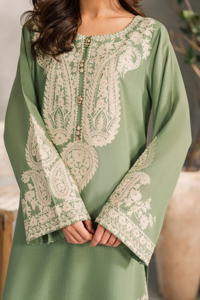 Sage Green Khaddar Embroidered 3PC Winter Suit for Women | Premium Eastern Wear