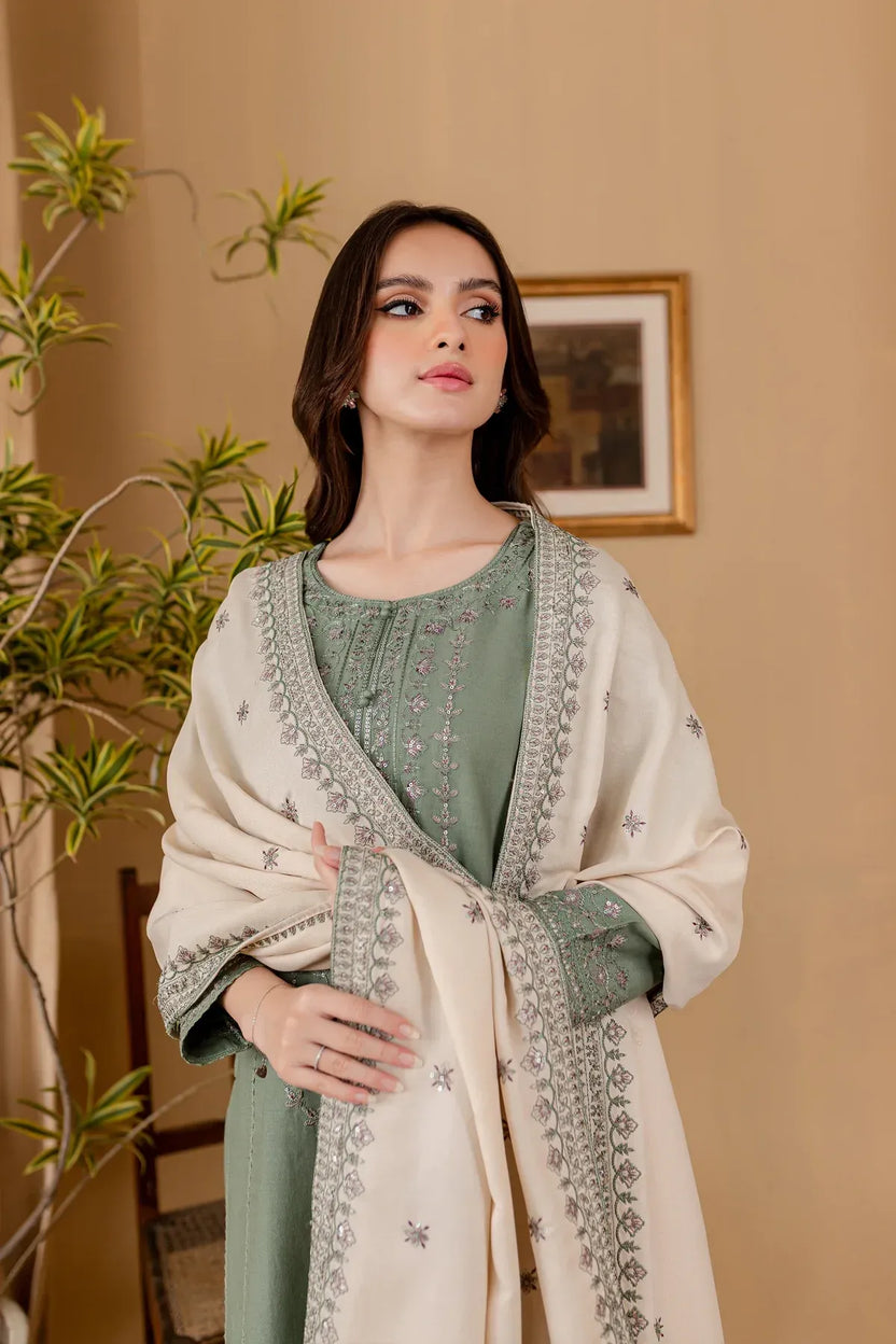 Luxury Green Embroidered Dhanak 3-Piece Suit | Winter Unstitched Collection