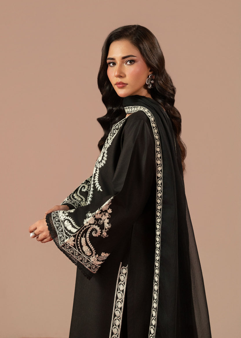 Women's Black Embroidered Linen Suit | Ready-to-Wear Winter Kurta Set