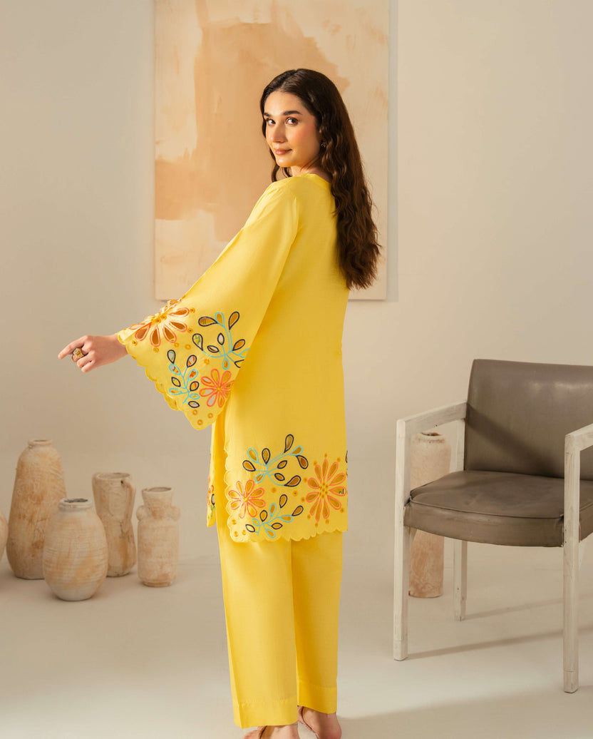 Vibrant Yellow Linen 2-Piece Set | Embroidered Unstitched Collection
