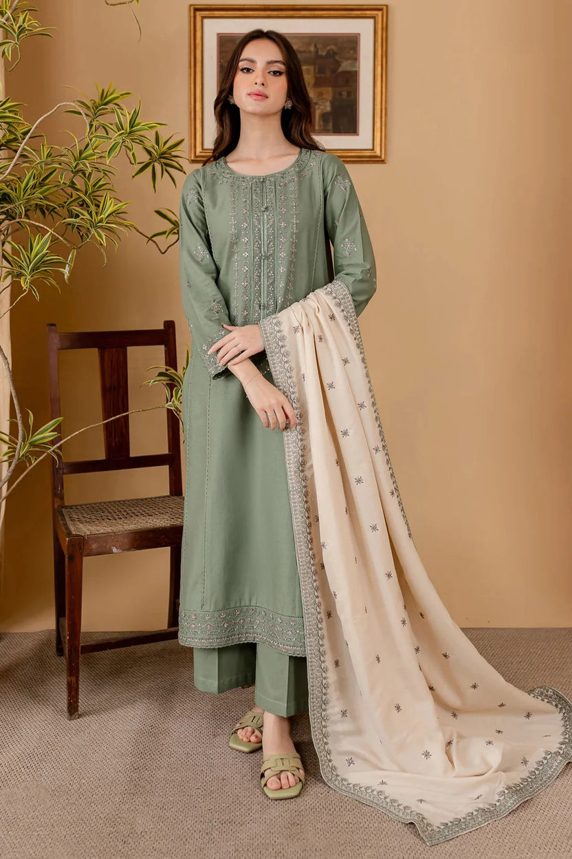 Luxury Green Embroidered Dhanak 3-Piece Suit | Winter Unstitched Collection