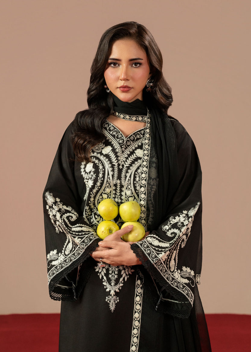 Women's Black Embroidered Linen Suit | Ready-to-Wear Winter Kurta Set