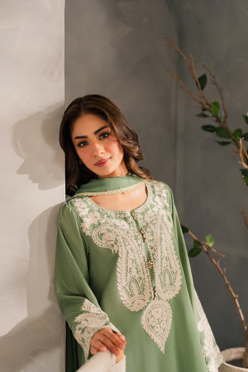 Sage Green Khaddar Embroidered 3PC Winter Suit for Women | Premium Eastern Wear