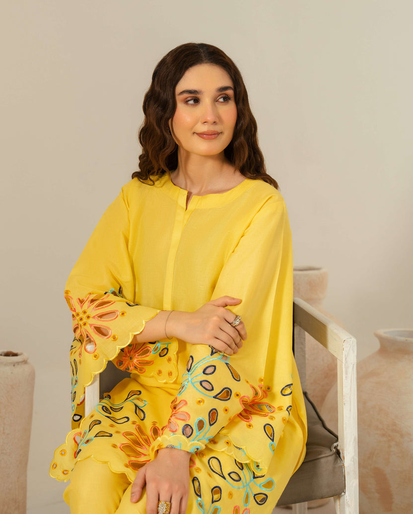 Vibrant Yellow Linen 2-Piece Set | Embroidered Unstitched Collection