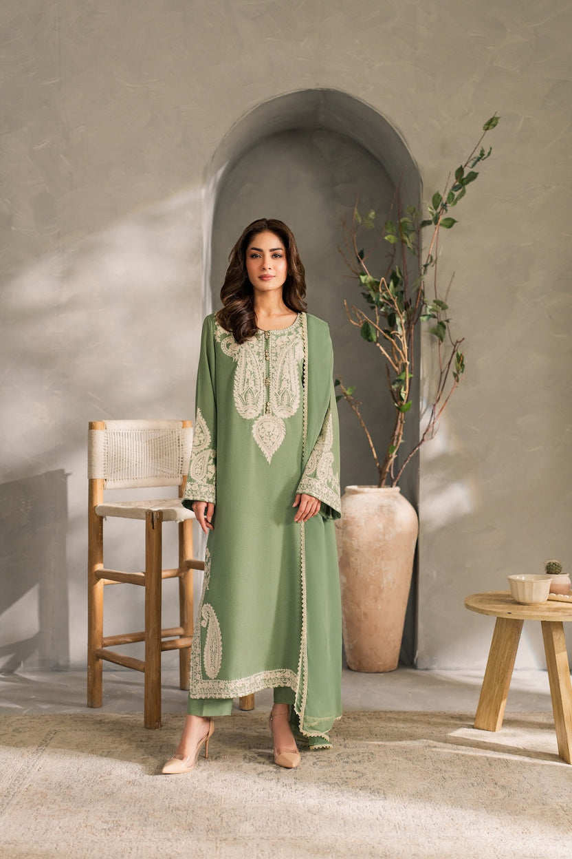 Sage Green Khaddar Embroidered 3PC Winter Suit for Women | Premium Eastern Wear