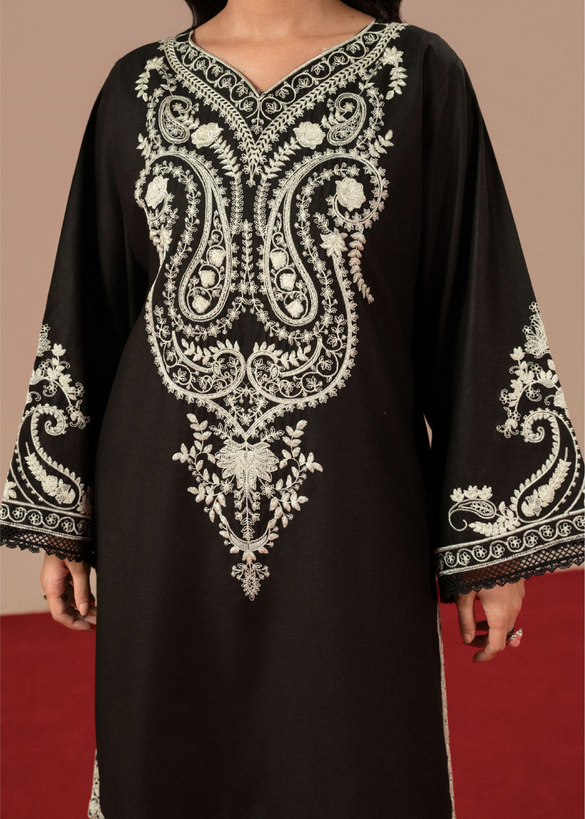 Women's Black Embroidered Linen Suit | Ready-to-Wear Winter Kurta Set