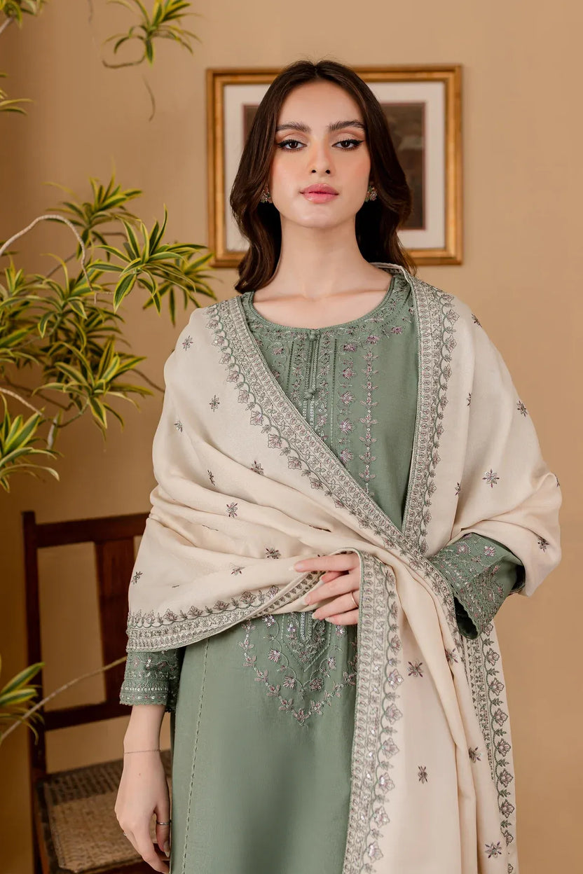 Luxury Green Embroidered Dhanak 3-Piece Suit | Winter Unstitched Collection